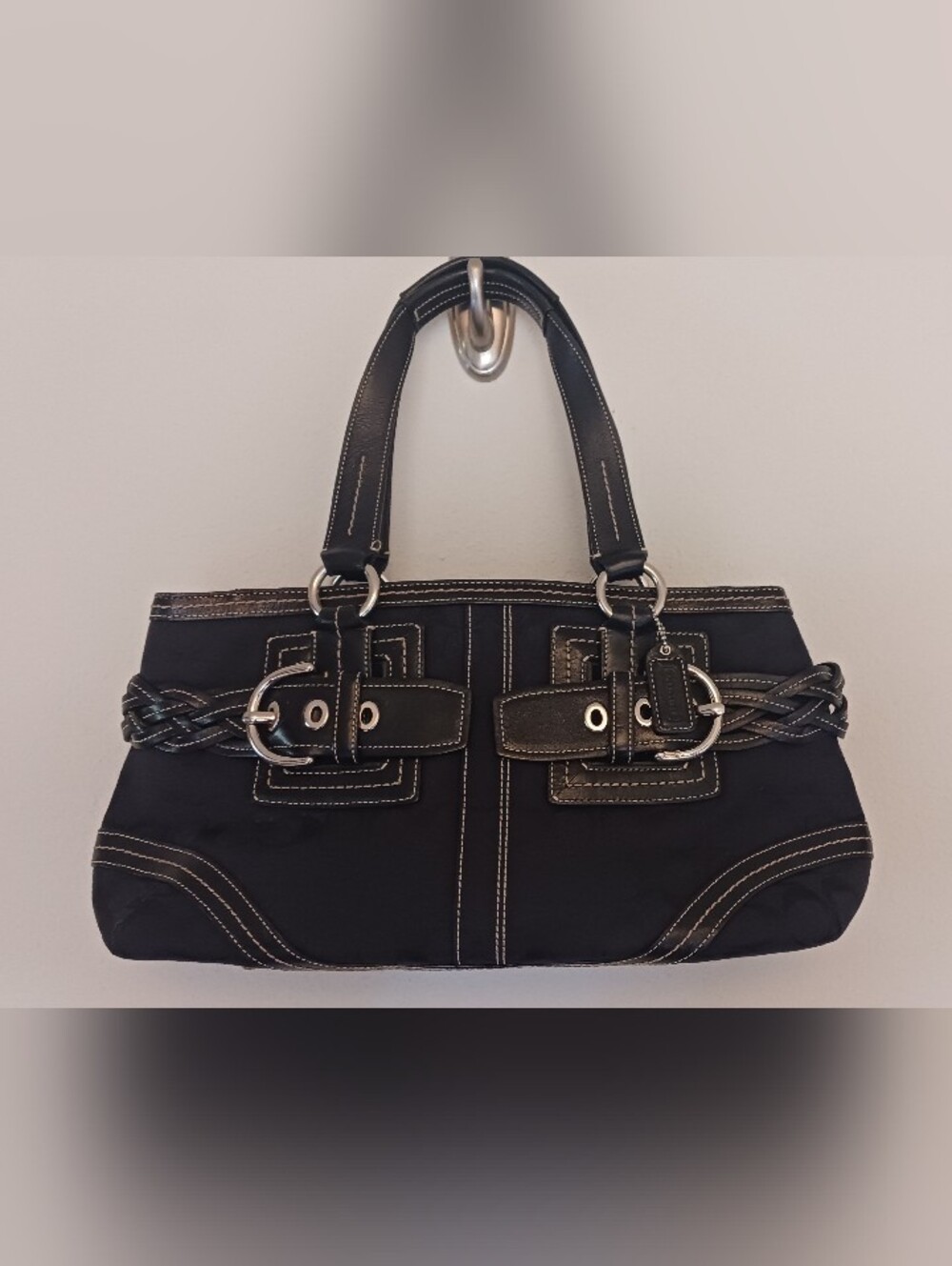 COACH SOHO BLACK SIGNATURE  BRAIDED SIDE DETAIL TOTE PURSE BAG SATCHEL